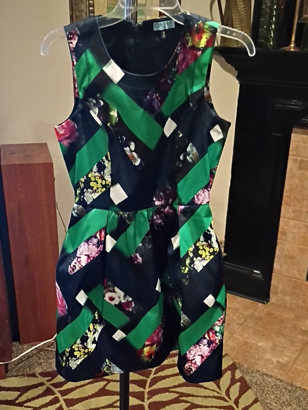 Cynthia Rowley Black Dress w Bold Green and Floral Stripes/Bands